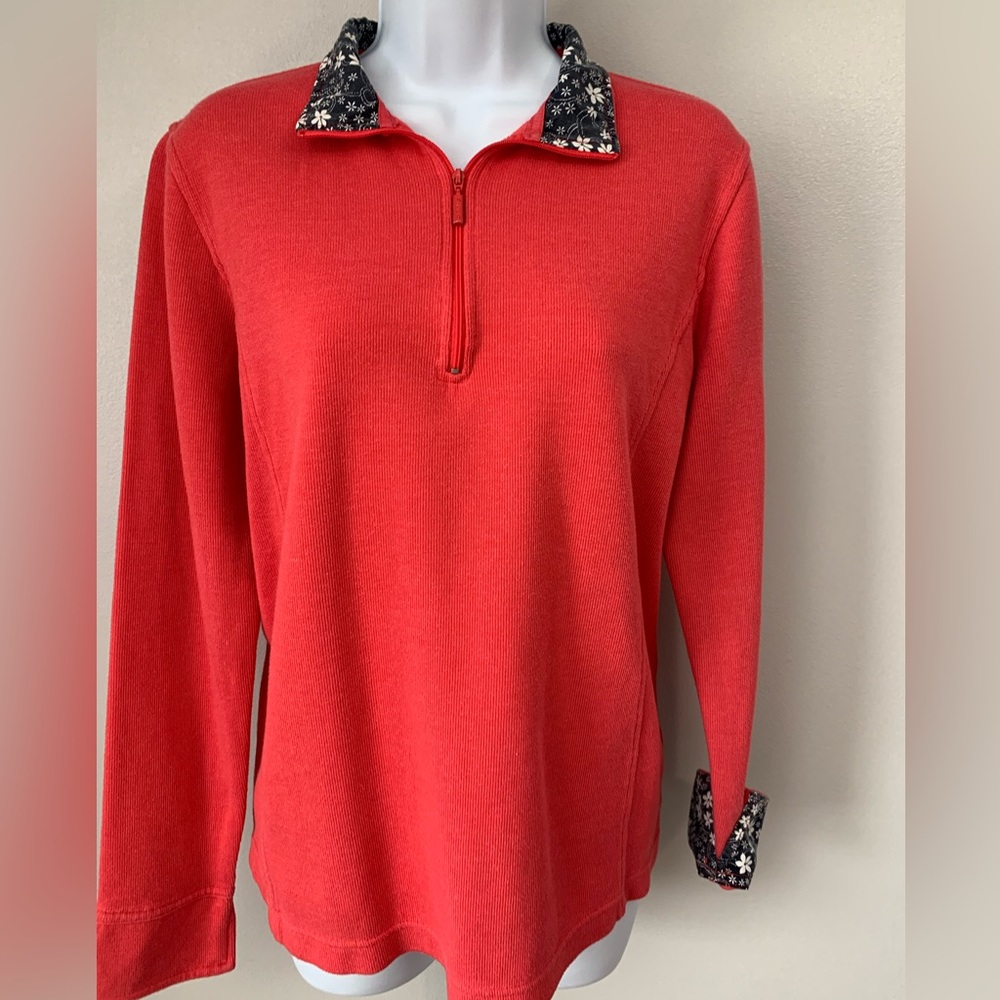 Orvis Red Long Sleeve Top with Floral Collar